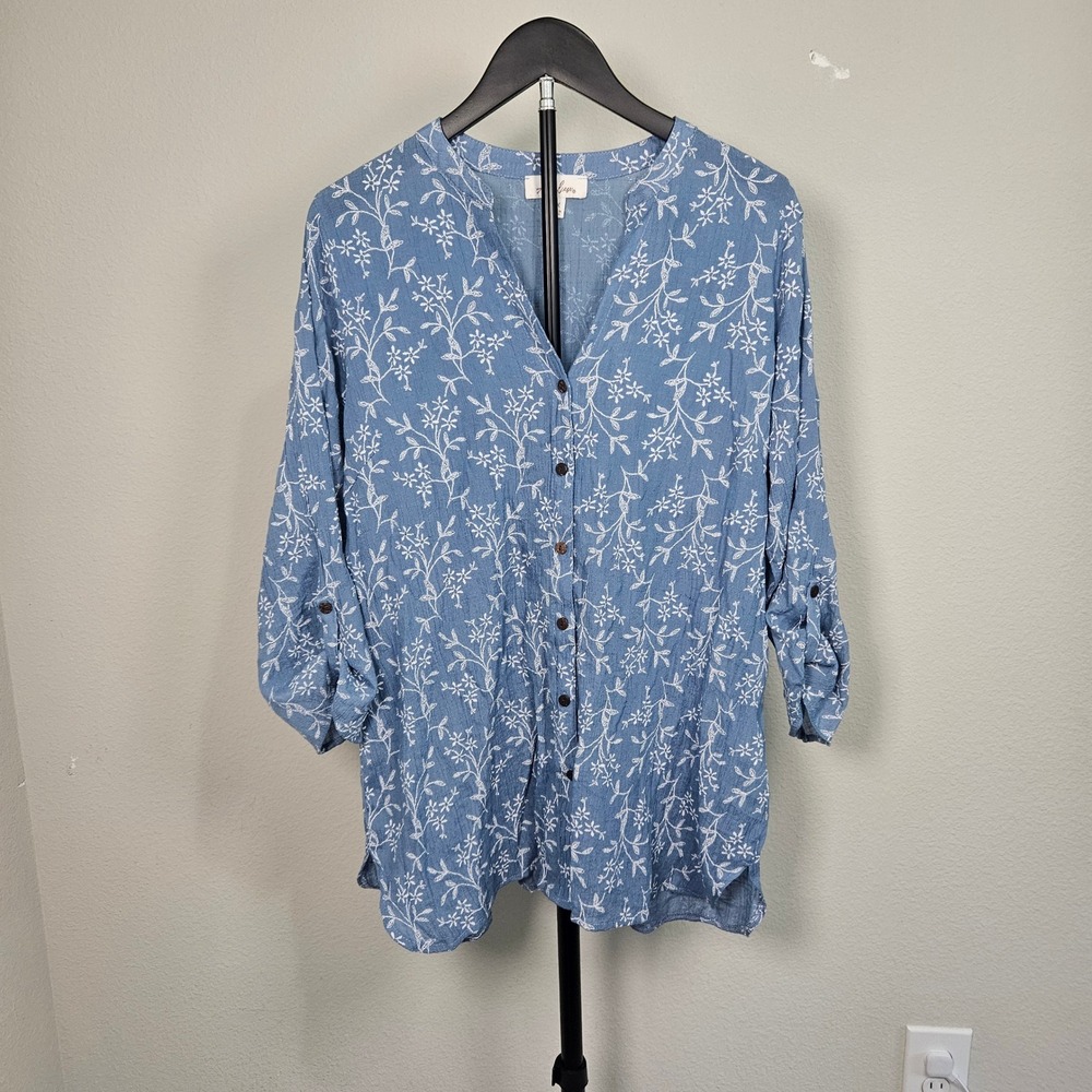 Anneliese Floral Tunic Blouse Women 1X Blue Roll Tab Sleeve Boho Cottagecore Top